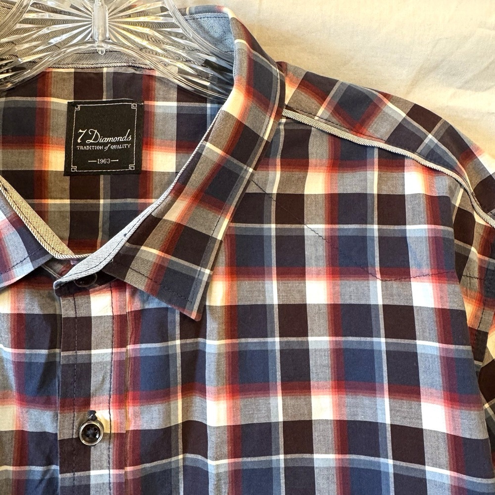 7 Diamonds The Ride Short Sleeve Button Down Mens Shirt Red Blue‎ Gray Plaid XL - Picture 3 of 15